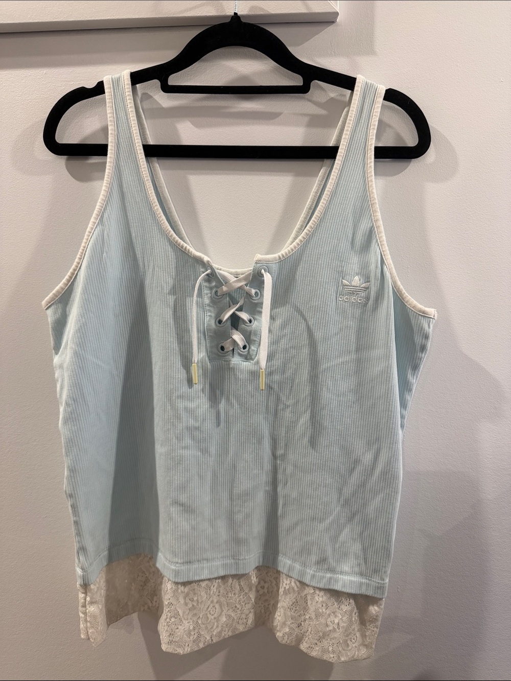 adidas Light Blue Lace-Up Tank with Cream Lace Hem